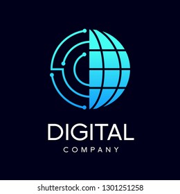 Digital world - vector business logo template concept illustration. Globe abstract sign and electronic network. Technology design elements