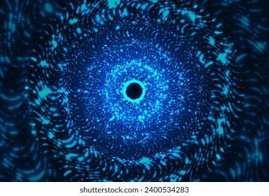 Digital wormhole tunnel. Neon particles tunnel. Light effects portal. Time travel. Big data. 