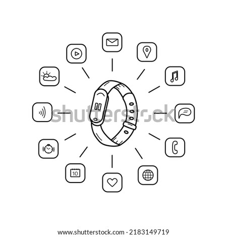 Digital wrist smart watch, vector doodle icon illustration. set of gadget function icons