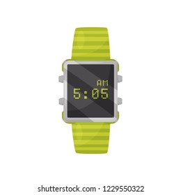 Digital wrist watch with bright green bracelet and black square display. Modern device. Flat vector icon