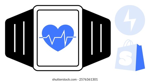 Digital wristband with a heart symbol, showing a heartbeat line. Ideal for health monitoring, technology, fitness, e-commerce, active lifestyle. Clean modern style