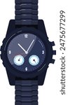 Digital wristwatch features dark blue dial, black band, two subdials, modern design, isolated white background. Analog watch sports large face numbers, sophisticated black band, navy details