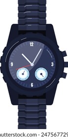 Digital wristwatch features dark blue dial, black band, two subdials, modern design, isolated white background. Analog watch sports large face numbers, sophisticated black band, navy details