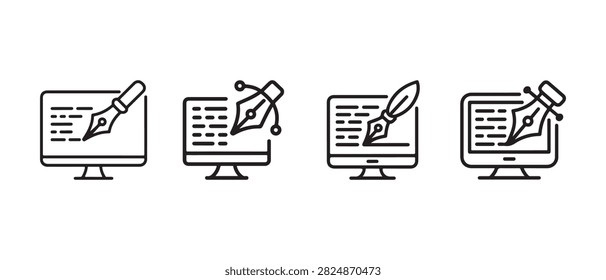 Digital Writing with Computer and Fountain Pen Line Icon Set. Online Content Writing and Editing Symbol. Blogging, Copywriting and Publishing. Isolated Vector Illustration.
