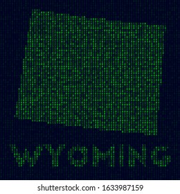 Digital Wyoming logo. US state symbol in hacker style. Binary code map of Wyoming with US state name. Beautiful vector illustration.