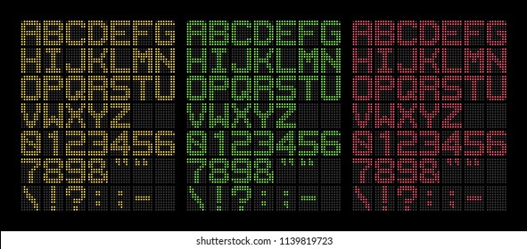 Digital yellow, green and red bold led font isolated on black background, vector illustration svg