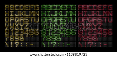 Digital yellow, green and red bold led font isolated on black background, vector illustration