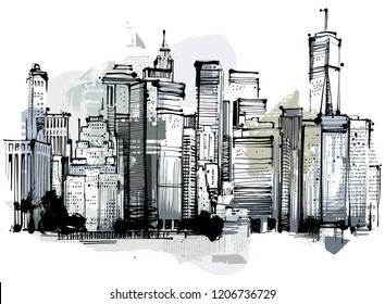 Digitaldrawing with scanned handdrawn elements and paintings. Free Interpretation of Buildings.
