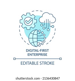 Digital-first enterprise turquoise concept icon. Corporate technology and business abstract idea thin line illustration. Isolated outline drawing. Editable stroke. Arial, Myriad Pro-Bold fonts used