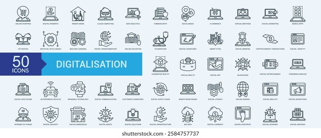 Digitalisation icon collection set with online shopping, digital payments, remote work, cloud computing, data analytics, cybersecurity measures, social media, e-commerce platforms, virtual meetings