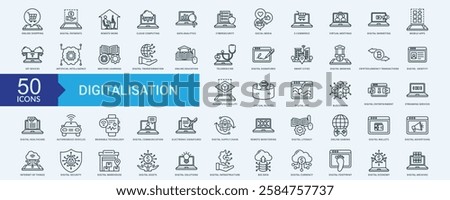 Digitalisation icon collection set with online shopping, digital payments, remote work, cloud computing, data analytics, cybersecurity measures, social media, e-commerce platforms, virtual meetings