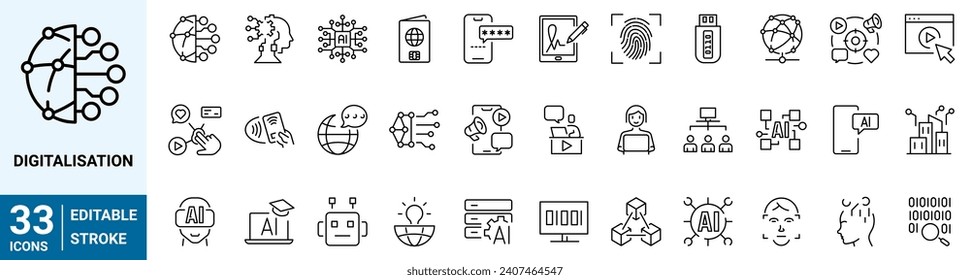 Digitalisation web icons. Digital technology icons such as cloud computing, artificial intelligence, mobile payment, coding, chip, vr glasses, innovation, network.