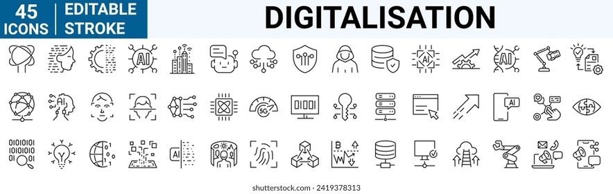 Iconos web de digitalización. Iconos de tecnología digital como computación en nube, inteligencia artificial, pago móvil, codificación, chip, vr gafas, innovación, red.