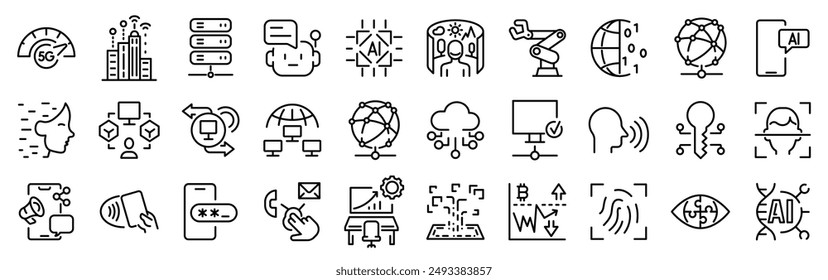Digitalisation web icons. Digital technology icons such as cloud computing, artificial intelligence, mobile payment, coding, chip, vr glasses, innovation, network.