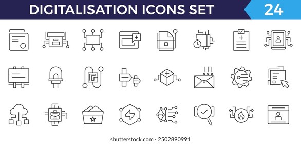 Digitalisation web icons. Digital technology icons such as cloud computing, artificial intelligence, mobile payment, coding, chip, vr glasses, innovation, network.