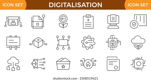 Iconos web de digitalización. Iconos de tecnología digital como computación en la nube, inteligencia artificial, pago móvil, codificación, chip, gafas de realidad virtual, innovación, red.