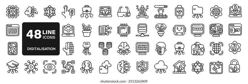 Digitalisation web icons. Digital technology icons such as cloud computing, artificial intelligence, mobile payment, coding, chip, vr glasses, innovation, network.