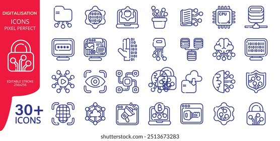 Ícones da Web de digitalização. Ícones de tecnologia digital, como computação em nuvem, inteligência artificial, pagamento móvel, codificação, chip, óculos vr, inovação, rede.