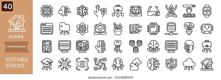 Digitalisation web icons. Digital technology icons such as cloud computing, artificial intelligence, mobile payment, coding, chip, vr glasses, innovation, network.