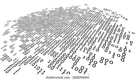 Digitalization. Abstract black and white binary coding background with 0 and 1 digits. Vector graphics with perspective