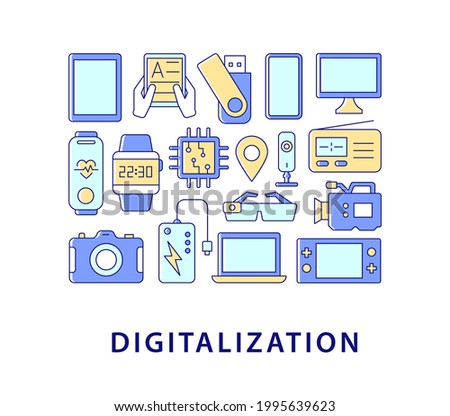 Digitalization abstract color concept layout with headline. Digital transformation. Business digitization. Industry 4.0 creative idea. Isolated vector filled contour icons for web background