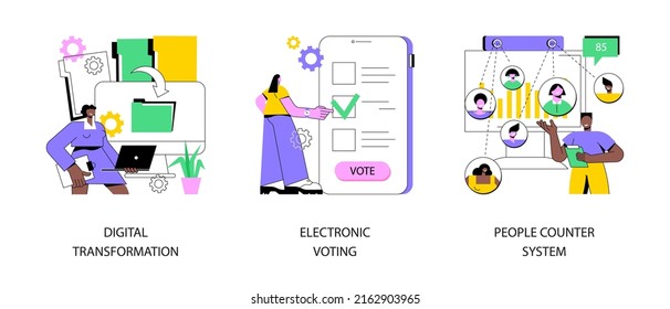 Digitalization Abstract Concept Vector Illustration Set. Digital Transformation, Electronic Voting, People Counter System, Paperless Workflow, Internet Ballot, Retail Traffic Report Abstract Metaphor.