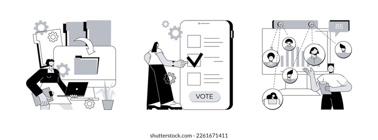 Digitalization abstract concept vector illustration set. Digital transformation, electronic voting, people counter system, paperless workflow, internet ballot, retail traffic report abstract metaphor.