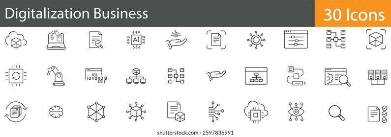 Digitalization Business Line Icons Set. Collection of 30 outline icons representing digital transformation, automation, cloud computing, and business technology. Editable stroke vector illustration.