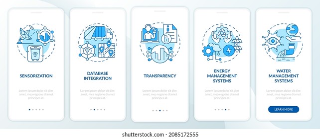 Digitalization of city infrastructure onboarding mobile app page screen. Technology walkthrough 5 steps graphic instructions with concepts. UI, UX, GUI vector template with linear color illustrations