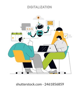 Digitalisierungskonzept Professionals nutzen Technologie und Robotik für Effizienz und demonstrieren die Integration von KI in moderne Business Solutions Vektorillustration