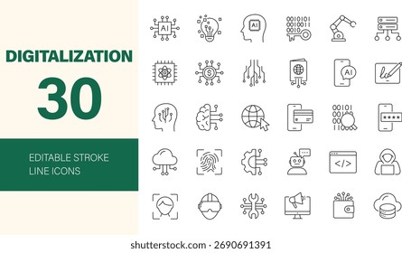 Digitalization icon set. Containing setting, technology, virtual data, digital tech, embedded system, binary, circuit and more. Editable line icons. Vector illustration.