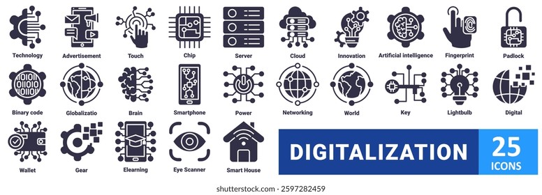 Digitalization icon set with icon Technology, Advertisement, Touch, Chip, Server, Cloud, Innovation, Artificial Intelligence, Fingerprint, Padlock, Binary Code, Globalization, Brain, Smartphone