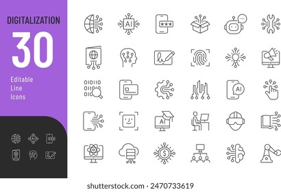 
Iconos editables de línea de digitalización establecidos. Ilustración vectorial en el estilo moderno de la línea delgada de los iconos relacionados con la tecnología: dinero digital, ciencia, robótica, IA, y otros. 