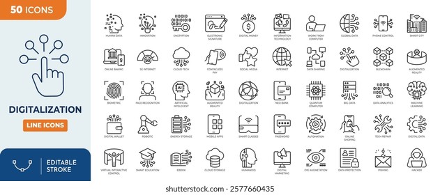 Digitalization Line Editable Icons set. Containing digital tech, digitalizing, embedded system, setting, technology, virtual data, and More. Vector Illustration