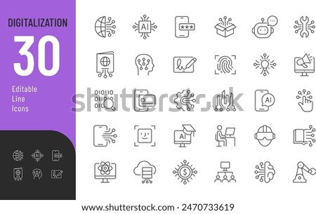 
Digitalization Line Editable Icons set. Vector illustration in modern thin line style of technology related icons: digital money, science, robotics, AI, and other. 