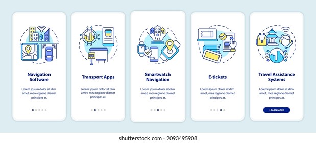 Digitalization of public transportation onboarding mobile app page screen. Service walkthrough 5 steps graphic instructions with concepts. UI, UX, GUI vector template with linear color illustrations