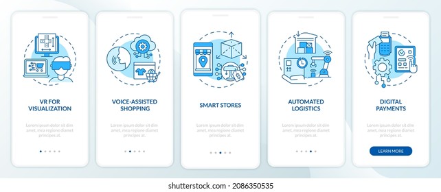 Digitalization of retail market onboarding mobile app page screen. Shopping walkthrough 5 steps graphic instructions with concepts. UI, UX, GUI vector template with linear color illustrations