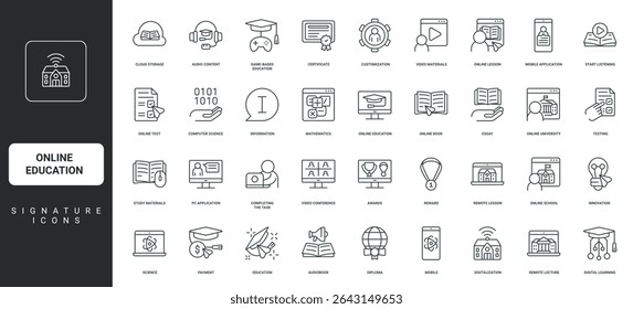 Digitalization of school and tuition, teaching, tests thin black symbols vector illustration. Online education platform, digital book study by student, course and academy class line icon set.