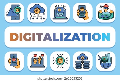Digitalization of society text concept. Shablon for presentation and Infographics. Minimal Clean Icons for Apps and Websites.