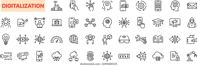 Design de ícones da linha de digitalização e tecnologia — computação em nuvem, transformação de dados, inteligência artificial, conexão de rede, segurança cibernética, sistema on-line e ícones de inovação inteligente