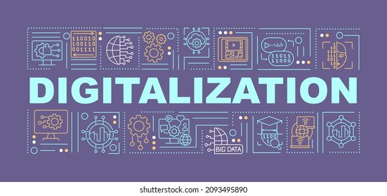 Digitalization Word Concepts Banner. Public Services Technology. Infographics With Linear Icons On Purple Background. Isolated Creative Typography. Vector Outline Color Illustration With Text