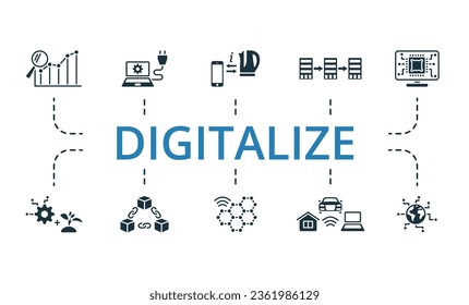 Conjunto de digitalización. Iconos creativos: análisis predictivo, enchufe y trabajo, máquina a máquina, integración horizontal, sistema embebido, sistema físico cibernético, cadena de bloqueo, redes inteligentes, Internet de las cosas