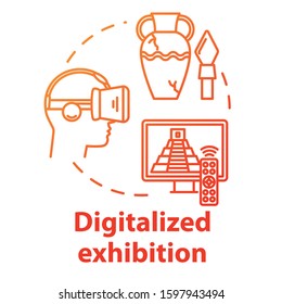 Digitalized exhibition concept icon. Digital interactive fair, venue in cyberspace. Online video museum tour. Virtual reality exposition idea thin line illustration. Vector isolated outline drawing