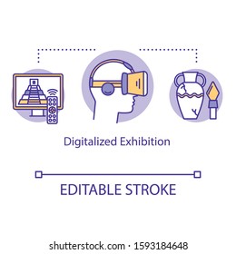 Digitalized Exhibition Concept Icon. Video Tour Venue. Interactive Multimedia. Virtual Reality Online Exposition Idea Thin Line Illustration. Vector Isolated Outline Drawing. Editable Stroke