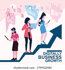 Vector de concepto de crecimiento comercial digital. Mujeres creciendo y progresando en sus negocios en dominio digital.