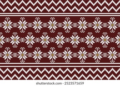 A digitally crafted design featuring traditional pixelated white floral motifs on a rich maroon background, accented with zigzag and symmetrical patterns, reminiscent of woven textiles.