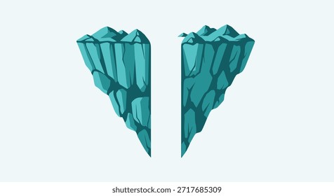 Una ilustración hecha a mano digitalmente presenta dos formaciones de acantilados opuestas, renderizadas con una estética de diseño minimalista. Formas angulares y agudas dominan las superficies rocosas, representadas en un