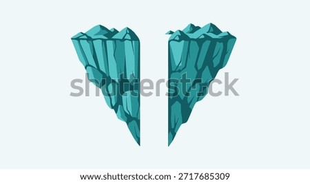 A digitally crafted illustration presents two opposing cliff formations, rendered with a minimalistic design aesthetic. Sharp, angular shapes dominate the rocky surfaces, rendered in a consistent