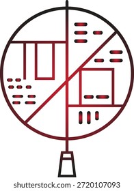 Una Ilustración vectorial digitalmente elaborada, que presenta un emblema cultural circular distintivo con intrincados patrones geométricos y vibrantes acentos rojos