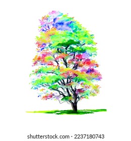 A digitally created bushy tree with colorful foliage, created in a watercolor style and isolated on a white background.
